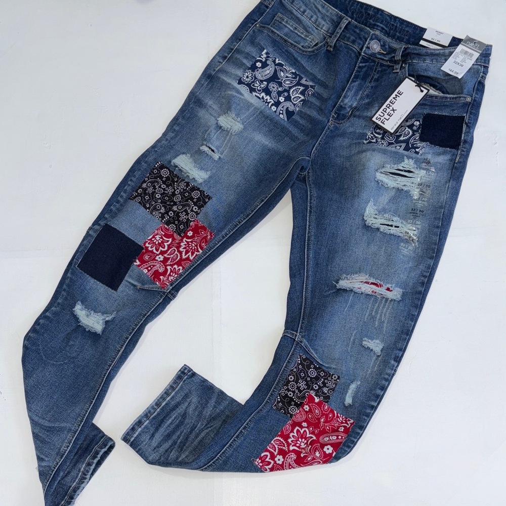 BNWT Supreme Flex Rue 21 Skinny Arc Blue Patchwork Jeans 32x30
